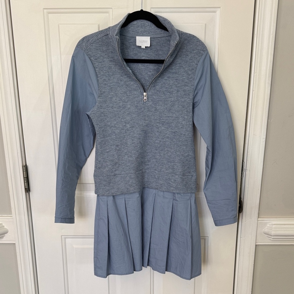 Sundays Textured Blue Long Sleeve sweater and cotton Dress